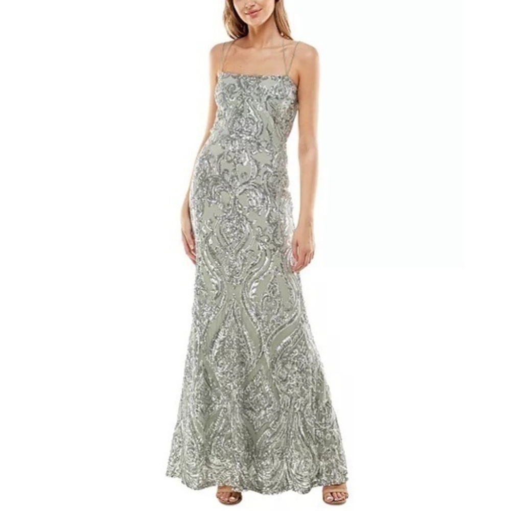 NWT B Darlin Juniors' Bungee-Strap Square-Neck Sequinned Gown